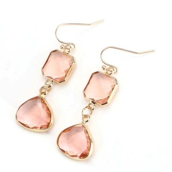 Pink Crystal & Goldtone Square Triangle Drop Earrings - Picture 2 of 5